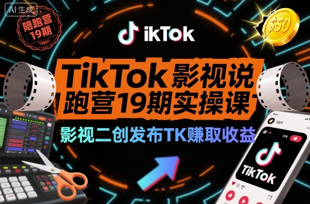TikTok影视解说陪跑营19期实操课，影视二创发布TK賺取收益，万播收益50美金(更新)-璞创优选云网创