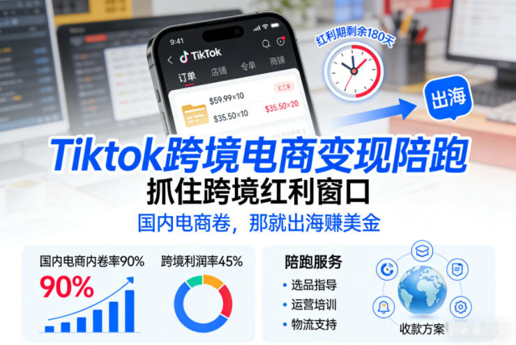 Tiktok跨境电商变现陪跑，抓住跨境红利窗口，国内电商卷，那就出海賺美金-璞创优选云网创