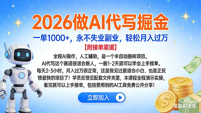 2026做AI代写掘金，一单1000+，永不失业副业，轻松月入过万-璞创优选云网创