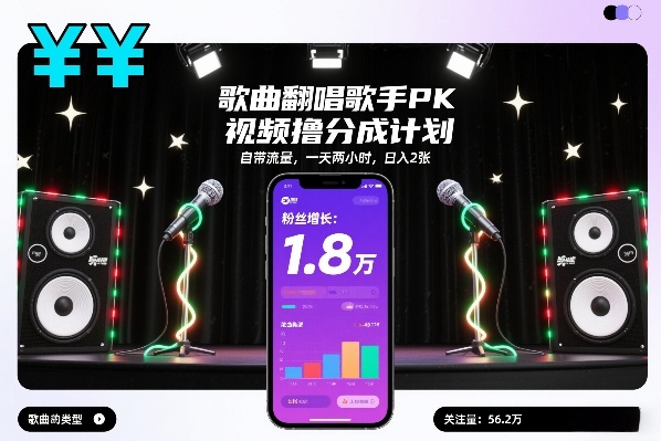 歌曲翻唱歌手PK视频撸分成计划，自带流量，一天两小时，日入2张-璞创优选云网创
