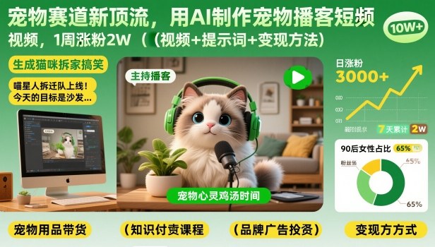 宠物赛道新顶流，用AI制作宠物播客短视频，1周涨粉2W(视频+提示词+变现方法)-璞创优选云网创