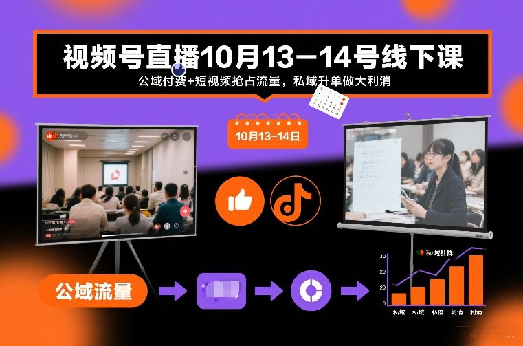 视频号直播10月13-14号线下课，公域付费+短视频抢占流量，私域升单做大利消-璞创优选云网创