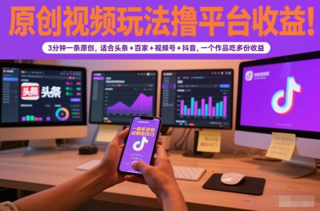 原创视频玩法撸平台收益，3分钟一条原创，适合头条+百家+视频号+抖音，一个作品吃多份收益-璞创优选云网创