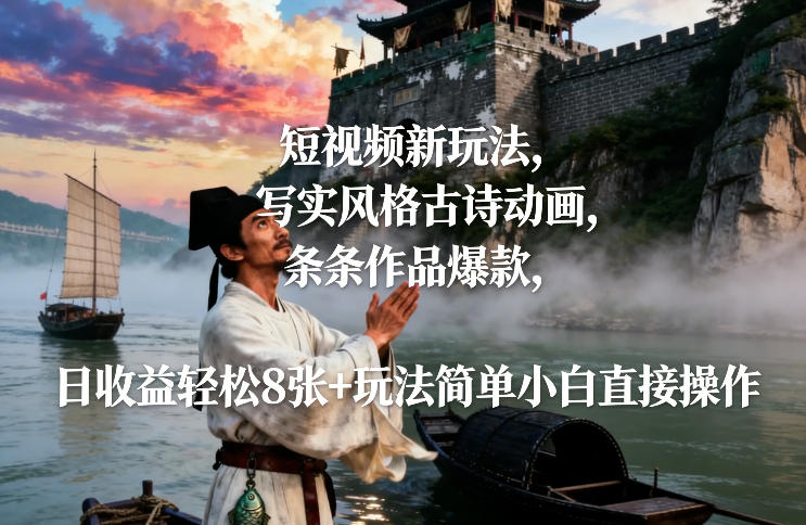 短视频新玩法，写实风格古诗动画，条条作品爆款，日收益轻松8张+玩法简单小白直接操作-璞创优选云网创