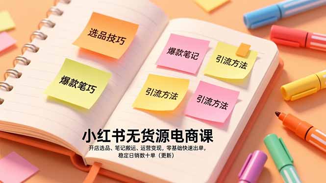 小红书无货源电商课，开店选品、笔记搬运、运营变现，零基础快速出单，稳定日销数十单(更新-璞创优选云网创