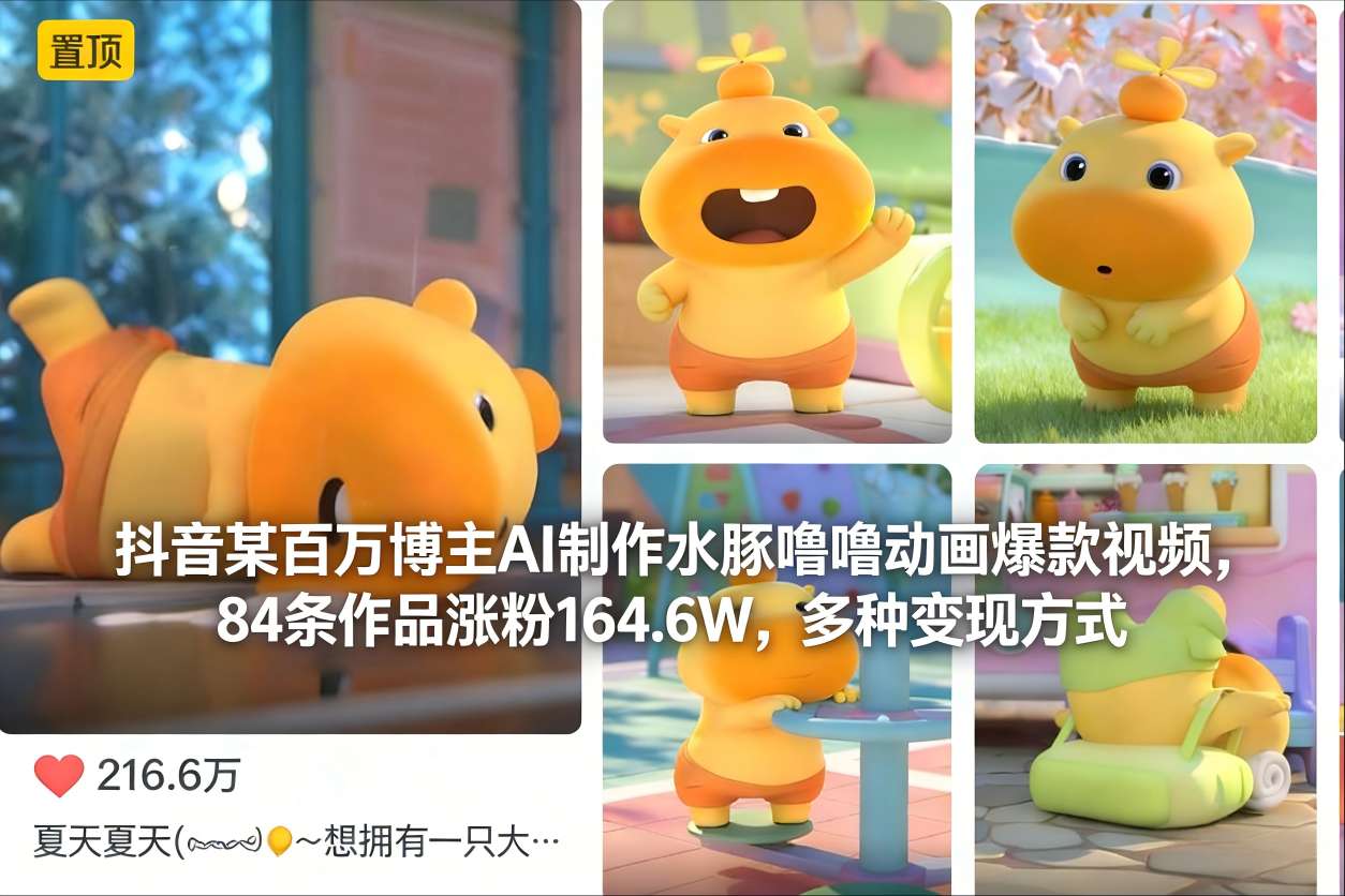 抖音某百万博主AI制作水豚噜噜动画爆款视频，84条作品涨粉164.6W，多种变现方式-璞创优选云网创